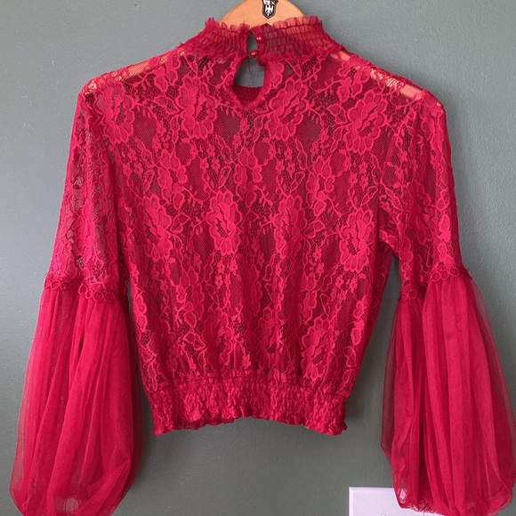 Womens Sz S red rare casual statement sleeves vintage lace crop blouse - Picture 8 of 9